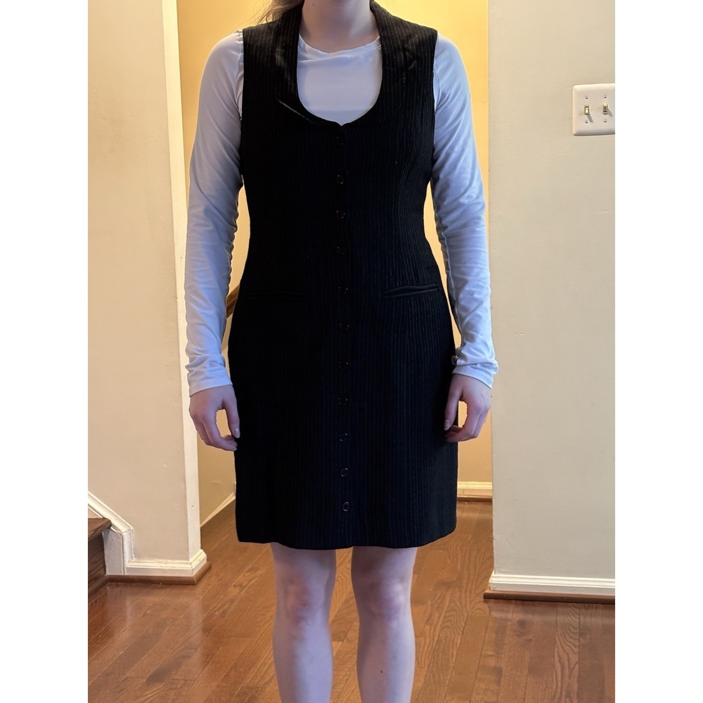 VTG LAUNDRY by SHELLI SEGAL Black Pinstripe Button Front Dress 10P Office Siren
